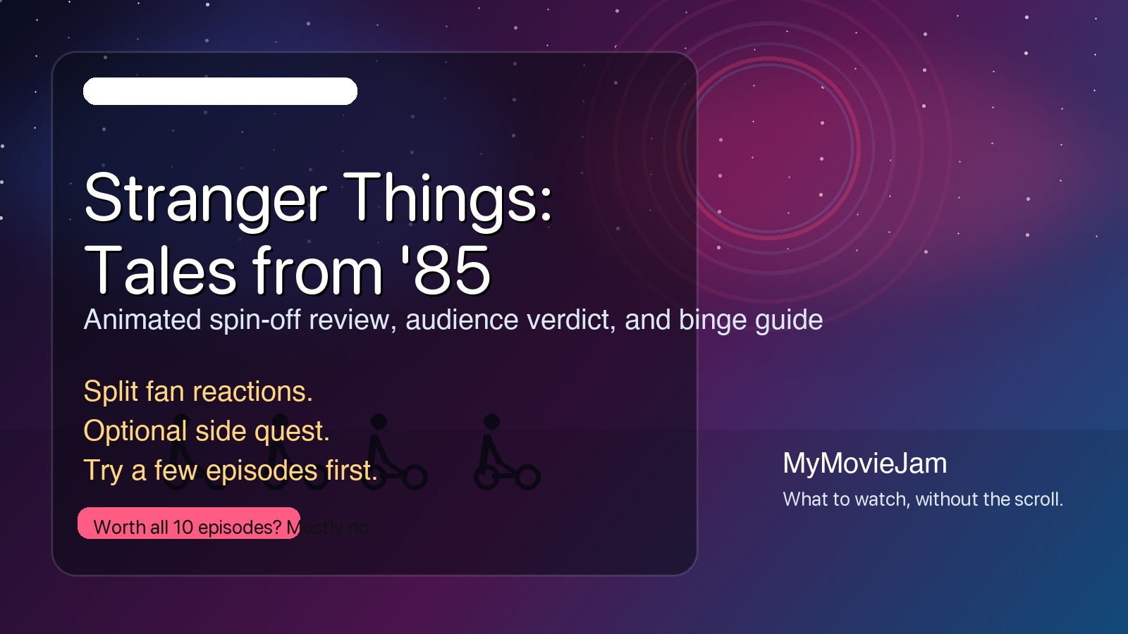 MyMovieJam artwork for Stranger Things Tales from '85 review with retro neon Hawkins styling